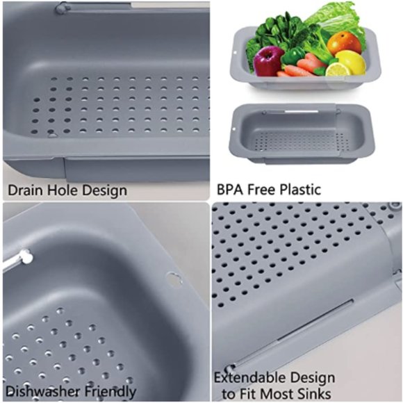 Extendable Over-the-Sink Kitchen Strainer - Colander Basket Set w/ Bowl  (Grey) - Picture 5 of 7